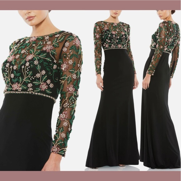 NWT $698 Mac Duggal [ 8 ] Beaded Illusion High Neck Trumpet Gown Black Floral